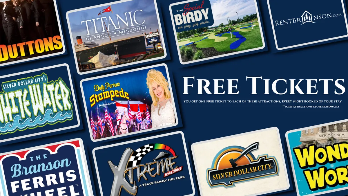 An interior promotional display featuring 'Free Tickets' text, with logos and images of major Branson attractions like Dolly Parton’s Stampede. The vibrant graphics evoke excitement for local entertainment options.